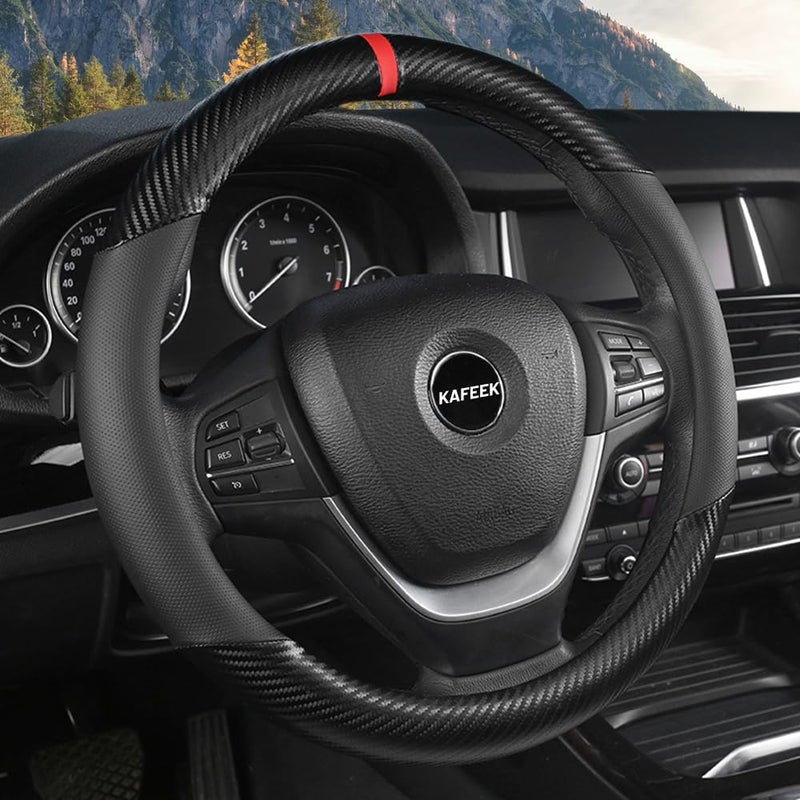 KAFEEK Car Steering Wheel Cover Men, Universal 15 inch, Microfiber Leather Carbon Fiber Black Steering Wheel Accessories, Anti-Slip, Odorless, Breathable, Black - Image 1